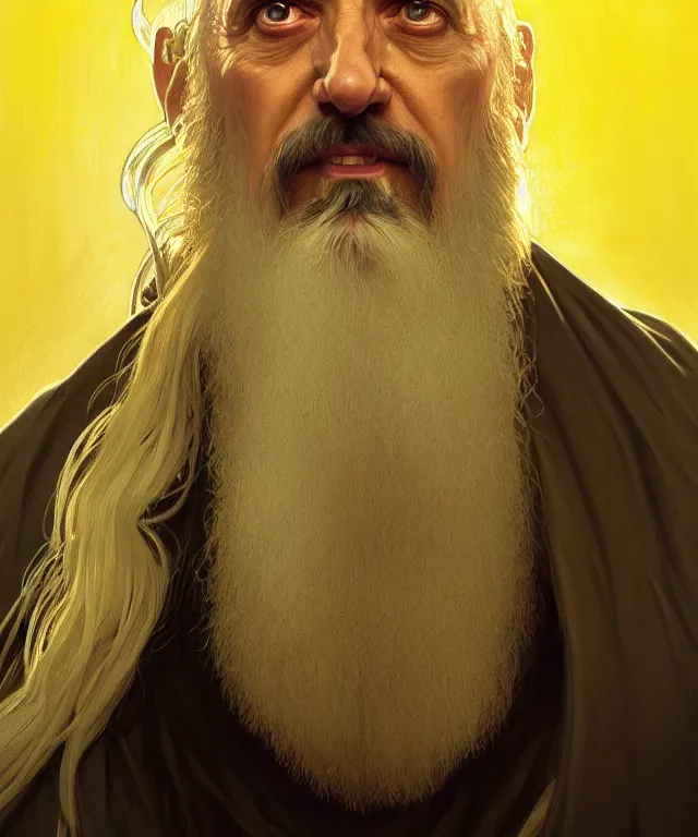 Image similar to portrait saruman, wearing dupont yellow chemical overalls, caricature, headshot, highly detailed, digital painting, artstation, concept art, sharp focus, cinematic lighting, illustration, art by met mangindaan, artgerm and greg rutkowski, alphonse mucha, cgsociety