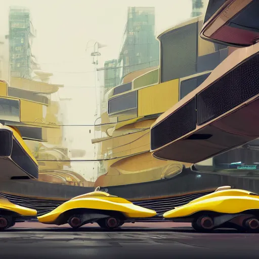 Prompt: wide shot of sleek yellow hover cars with stripes floating in the middle of a busy street in lagos, futuristic architecture, flamboyantly dressed africans walking, talking and trading, blade runner environment, digital concept art illustration by akihiko yoshida and jean - baptiste monge and makoto shinkai and wlop and wadim kashin, 4 k artstation