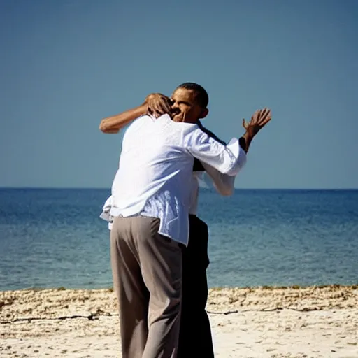 Image similar to Walter White hugging Barak Obama on the beach, artistic, 8k, dramatic lighting