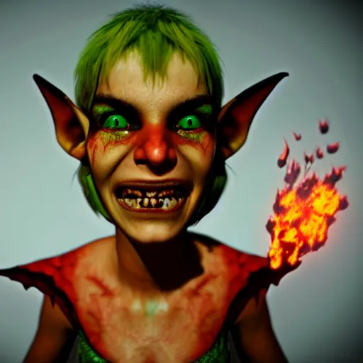 Image similar to a cute, enraged elf with violent skin reflecting a fiery scene, a scarred face, a bob haircut, and bushy eyebrows, grinning, with hell aflame behind them, in the style of gary frank and rafael albuqurque, rendered in unreal engine