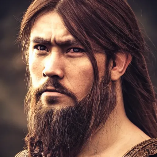 Prompt: hyperrealistic photograph of a brown-haired viking Takehito Koyasu, 8k, profile picture, cinematic, high contrast, epic real fantasy, stoic facial expression, looking at the camera