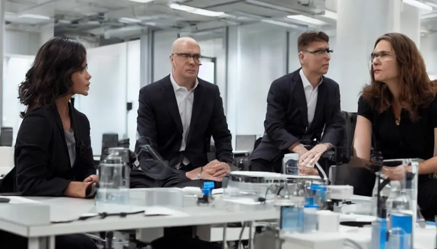 Image similar to big budget action movie about female scientist confronts male ceo about robot photographs