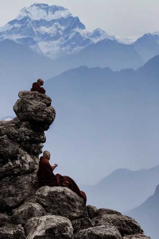Image similar to A monk with his back to the camera sits beside a rock on the top of a mountain, looking at the snowy Himalayas in the distance, faith,4k, realistic,photography,landscape,high contrast,ultrawide shot,an expansive view,trending on artstation.