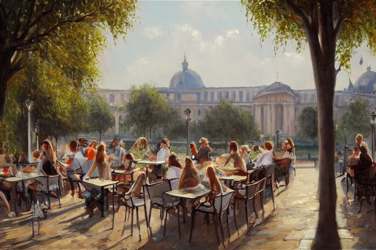 Prompt: masterpiece painting by jean hugo of people at a cafe terrace in south of france, classical buildings, trees, cinematic light, atmospheric effects, large view, artstation, deviantart