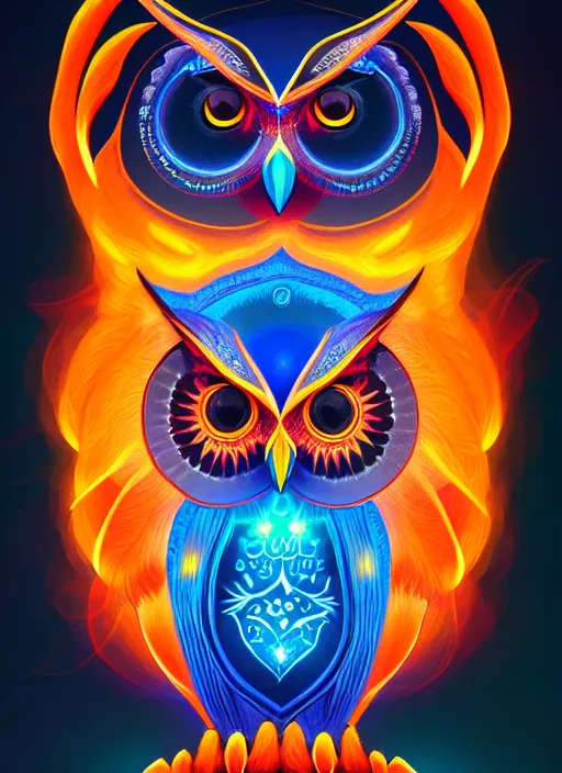 Image similar to symmetry!! product render poster vivid colors divine proportion owl, flame, glowing fog intricate, elegant, highly detailed, digital painting, artstation, concept art, smooth, sharp focus, illustration,