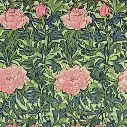 Image similar to william morris style print of beautiful light pink peonies and green leaves, repeating pattern, by william morris and Van Gogh