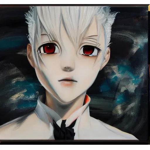 Prompt: Realistic oil painting of an anime girl with short white hair and black eyes wearing tuxedo in the style of Yoshitaka Amano, abstract black and white background with lines, Renaissance oil painting