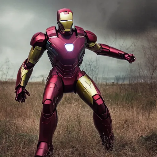 Prompt: overgrown, rusted, and battle damaged iron man suit, 4k realistic photo