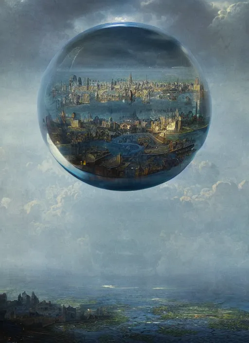 Image similar to a giant water bubble with a reflection of a city, modern fine art, fractal, intricate, elegant, highly detailed,, by jheronimus bosch and greg rutkowski,