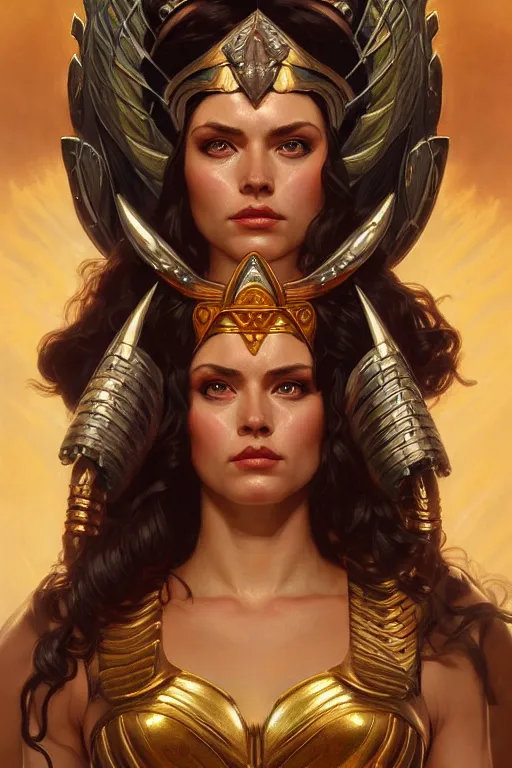 Image similar to The Godess Hera looking angry, detailed armor, portrait, highly detailed, digital painting, artstation, concept art, smooth, sharp focus, beautiful face, symmetric face, cinematic, videogame cover art, illustration, pixel art by Artgerm and Greg Rutkowski and Alphonse Mucha