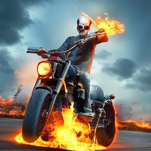 Image similar to ghost rider aiming with shotgun on motocycle, high detail, gorgeous view