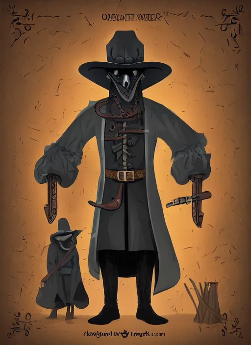 Prompt: box art style and d & d style, detailed handsome cowboy plague doctor, old western town background