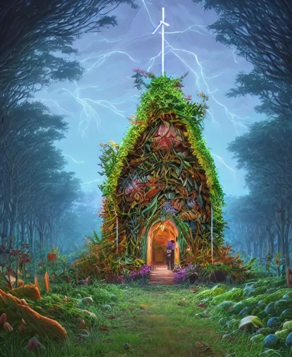 Image similar to a simple, whimsical church made from food, overgrown with huge exotic fungus, deep in the woods, cheerful, stormy, by dan mumford, yusuke murata, makoto shinkai, ross tran, dreamy, cinematic, unreal engine, cel shaded, featured on artstation, pixiv