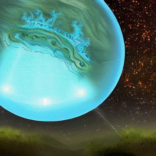 Image similar to a beautiful blue bioluminescent forest with a giant gaseous planet in the sky