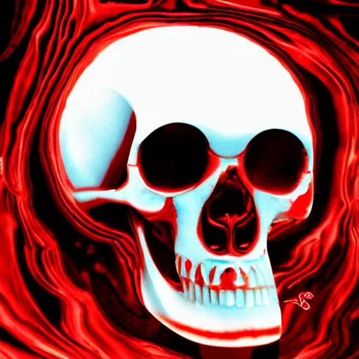 Prompt: turbulent red liquid inside in a transparent skull by akira toriyama