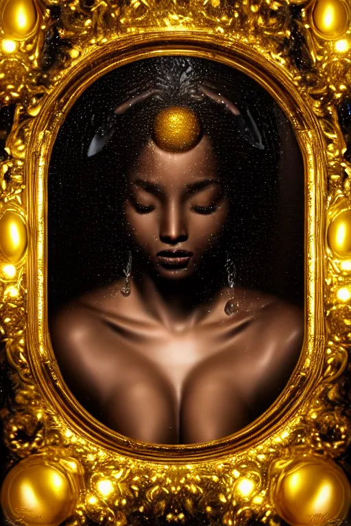 Image similar to hyperrealistic post rococo cinematic very expressive! black oshun goddess, in water up to her shoulders, mirror dripping droplet!, gold flowers, highly detailed face, digital art masterpiece, smooth eric zener cam de leon dramatic pearlescent back lighting, low angle uhd 8 k, sharp focus