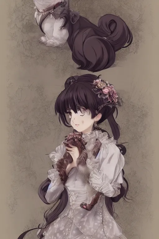 Image similar to portrait of a victorian calico cat girl noble, fursona, furry art, delicate, pure, elegant, victorian, detailed fur, detailed dress, anime key visual, makoto shinkai