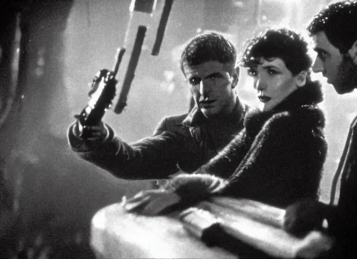 Prompt: scene with Deckard and Rachel from the 1912 science fiction film Blade Runner