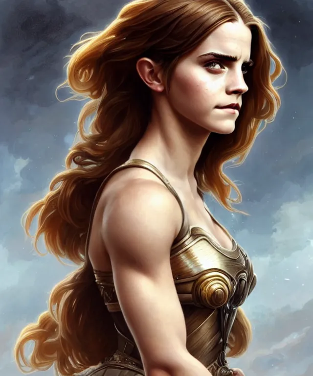 Prompt: Emma watson Muscular and powerful medieval noble woman portrait, sci-fi, amber eyes, face, long hair, fantasy, intricate, elegant, highly detailed, digital painting, artstation, concept art, smooth, sharp focus,8k, illustration, art by artgerm and greg rutkowski and alphonse mucha