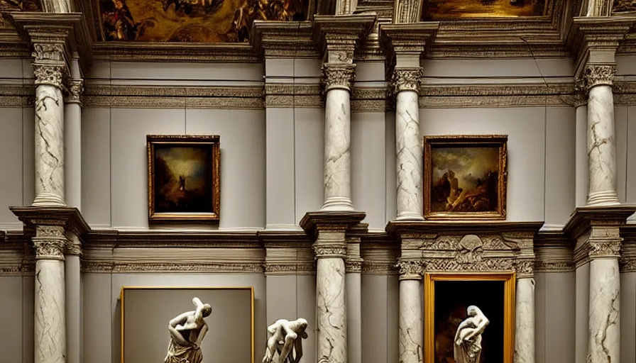 Image similar to museum of art, art gallery, fine art, realism, extreme detail, marble, stone, baroque paintings, sculptures, symmetrical composition
