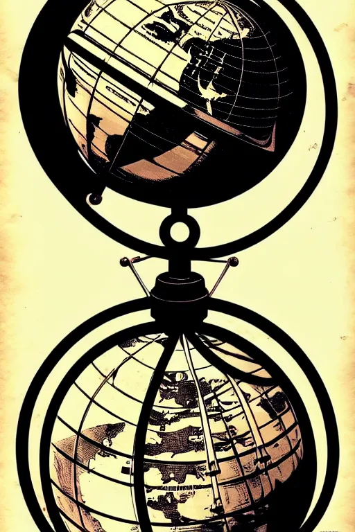 Image similar to ornate steampunk rotating globe on stand, high details, lineart, by vincent di fate, inking, 3 color screen print, masterpiece, trending on artstation, sharp, high contrast, hyper - detailed,, hd, 4 k, 8 k
