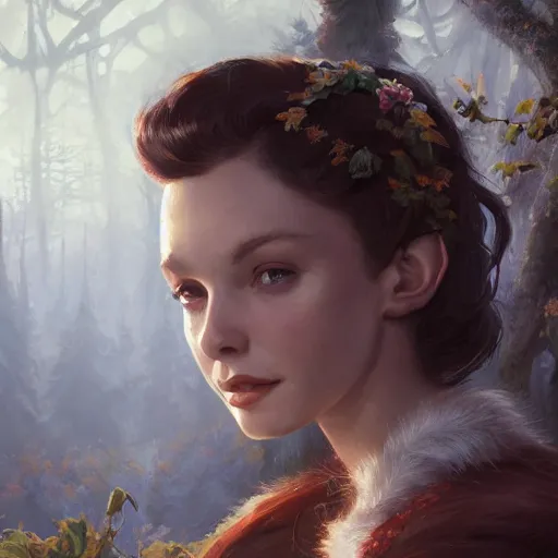 Image similar to closeup portrait of a young vivian leigh with elf ears, forest background, megacity, high fantasy, gorgeous view, depth, high detail, digital art, painted by greg rutkowski, trending on artstation