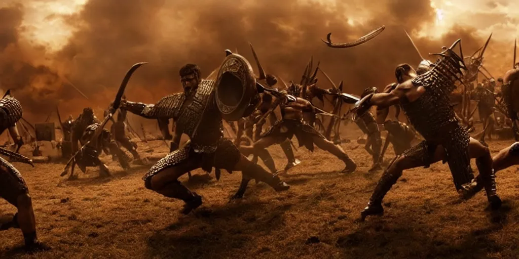 Image similar to epic battle screen of hero, film still from the movie'3 0 0'( 2 0 0 6 ), 3 d, 8 k realistic, cryengine, playstion 5 screen, cinematic lighting