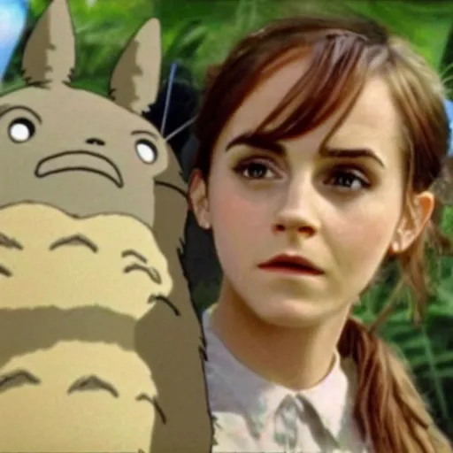 Prompt: movie still of emma watson in my neighbor totoro