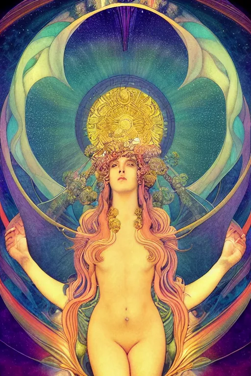 Prompt: beautiful goddess of space and dreams by maxfield parrish and artgerm, mandala, coherent design, perfect symmetry, vivid colors, digital watercolor ink illustration painting, complementary color, golden ratio, detailed, sharp lines, sharp focus, intricate, rainbowshift, gustave dore, alphonse mucha, octane render