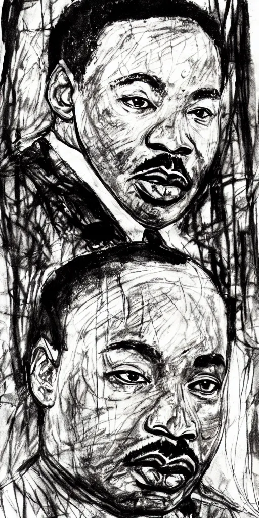 Image similar to a loose wild messy ink sketch portrait of Martin Luther king in the style of ralph steadman, caricature, dramatic