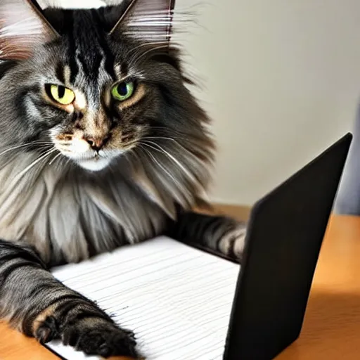 Prompt: my cgi maine coon cat typing up a list of grievances to email to the management about the lack of treats. 3D, Pixar.