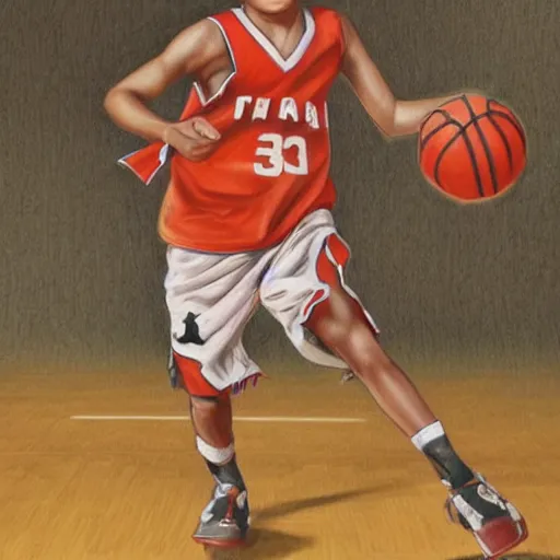 Prompt: Colored pencil portrait of a boy at a basketball court playing basketball wearing a basketball uniform in a basketball court, intense emotion, detailed facial expression, detailed surroundings, intricate, elegant, highly detailed, centered, trending of artstation, concept art, smooth, sharp focus, illustration