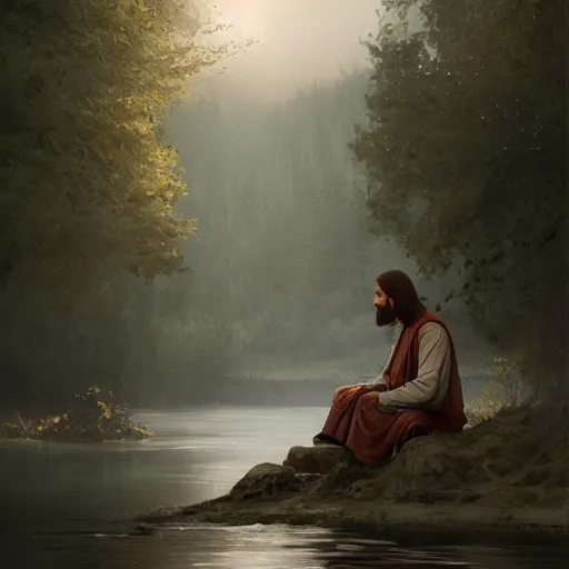 Prompt: jesus sitting by the river fishing, exudes terror, castle, mysterious breath, spitfire, photography, hyperrealistic, by greg rutkowski, smooth, illustration, elegant, artstation, digital painting.