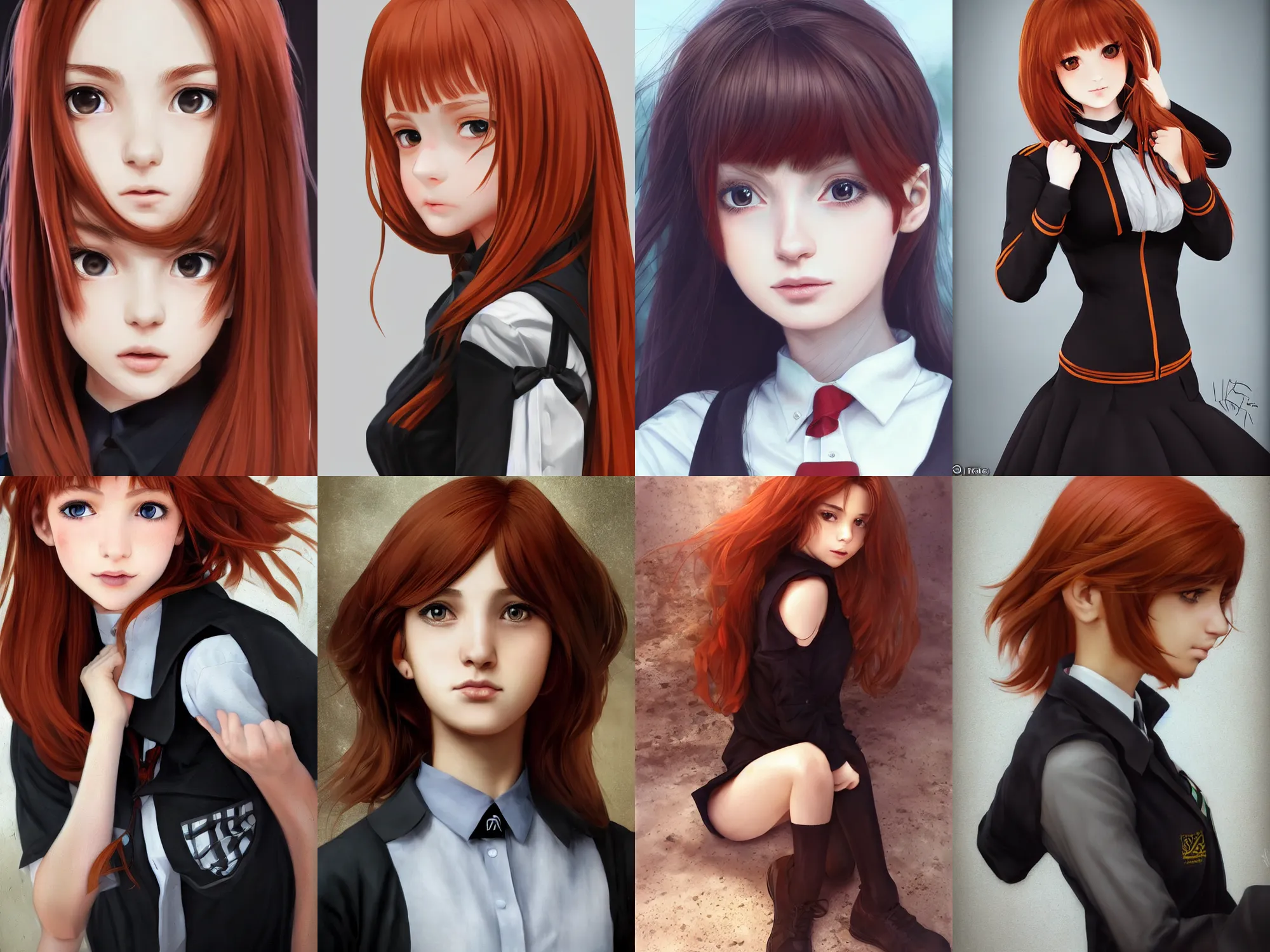 Prompt: Gorgeous ultrarealistic redhead Palestinian schoolgirl, in black uniform, silky hair, very detailed stunning deep eyes. By ilya kuvshinov, krenz cushart, Greg Rutkowski, trending on artstation. Realistic materials, large highlights, amazing textured brush strokes, accurate shape, clear curvy details, cinematic soft volumetric studio lighting, with backlight, VFX, HDR