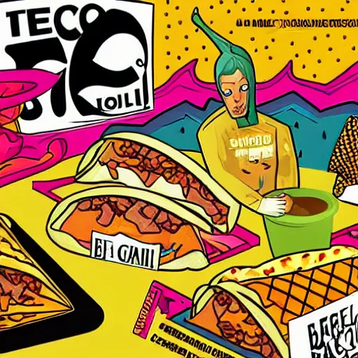 Prompt: graphic illustration, comic book, graphic art, taco bell, burrito, nachos, taco bell, consume taco bell, taco bell, taco bell, highly detailed, taco bell, hd