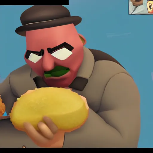 Prompt: heavy from team fortress 2 eating a brazilian coxinha