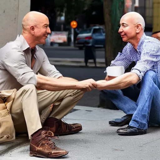 Image similar to jeff bezos begging on the street, highly detailed, photograph