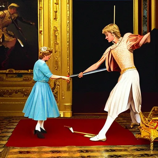 Prompt: painting of Princess Diana swordfighting Queen Elizabeth II, fantasy, epic, golden hour