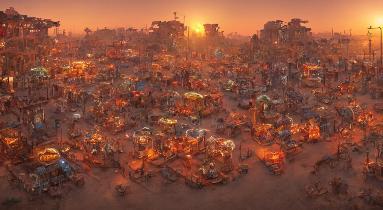 Prompt: a steampunk village in the desert at sunset, suns rays, junk everywhere, neon signs, magical atmosphere, mist, photo realistic, 35mm, octane render, 8k, guido borelli da caluso