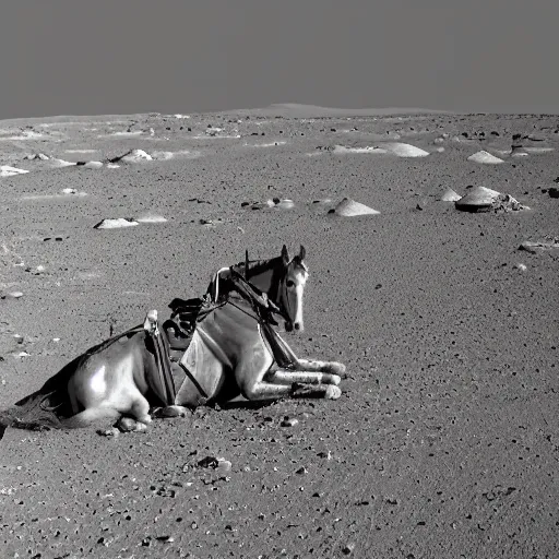 Prompt: the astronaut crawls on the surface of mars, the horse sits on the back of the astronaut, the picture
