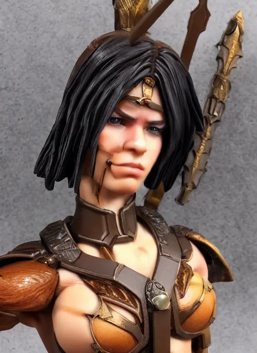 Image similar to 80mm resin detailed miniature of a beautiful muscular female, clothed in worrier armor, brown skin, short dark hair, beautiful bone structure, symmetrical facial features, Product Introduction Photos, 4K, Full body