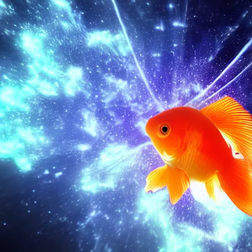 Prompt: anime. cell shader. close - up goldfish - themed space ship traveling through nebula, in the style of macross, soft ambient light. high definition. high detail. 8 k wallpaper. backdrop of galaxy. cinematic lighting. cinematic perspective. cinematic color. theatrical.