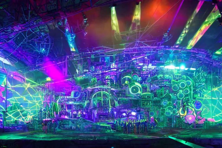 Prompt: an outdoor festival stage with audience, neon letters tripmachine, center of the stage is a big futuristic steampunk machine with gears and belts and tubes, surrounded by big loudspeakers, rock musicians on the stage, laser show, 8 k, fluorescent colors, halluzinogenic, multicolored, exaggerated detailed, unreal engine