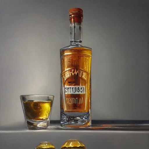 Image similar to a hyper-realistic studio still-life oil-painting of a-bottle-of-vodka; hyper-detailed; an extraordinary masterpiece!!!; flawless; trending on artstation