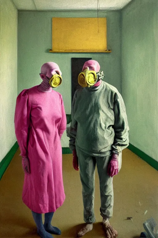 Prompt: two skinny old people with extra limbs, wearing gas masks standing inside a deserted hospital room, draped in gold, pink and green, hauntingly surreal, highly detailed painting by Francis Bacon, Edward Hopper, Adrian Ghenie, Gerhard Richter, and James jean Soft light 4K,