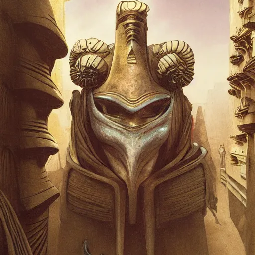 Image similar to portrait of masked Dune Dynasty on the art deco streets of the Undying Empire city of ya-Sattra during the Festival of Masks, award-winning realistic sci-fi concept art by Beksinski, Bruegel, Greg Rutkowski, Alphonse Mucha, and Yoshitaka Amano