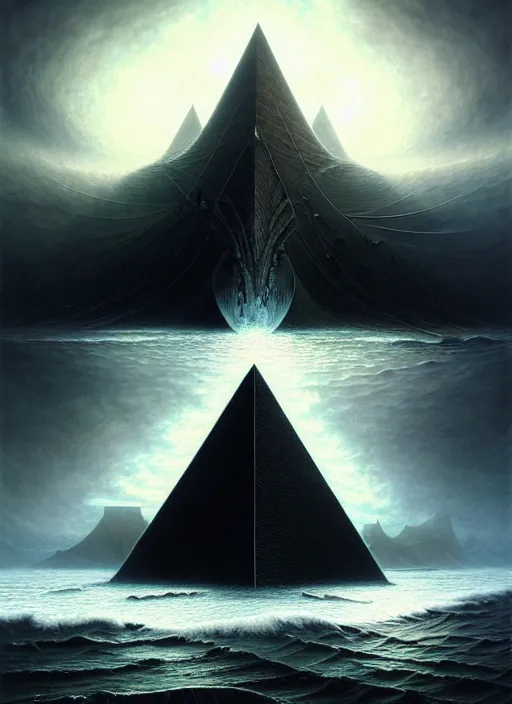 Prompt: a black pyramid emerging from ocean, a scenic dystopian environment, lovecraftian, intricate, elegant, highly detailed, centered, digital painting, artstation, concept art, smooth, sharp focus, illustration, artgerm, tomasz alen kopera, peter mohrbacher, donato giancola, joseph christian leyendecker, wlop, boris vallejo