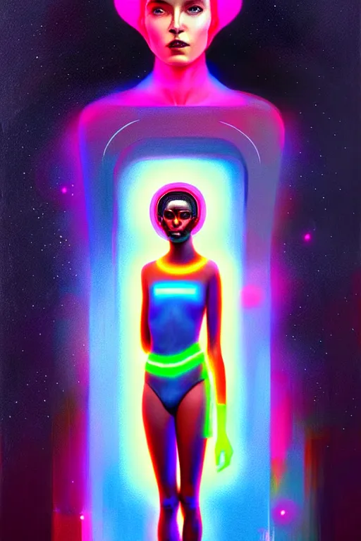 Image similar to patron saint of 🛸🌈👩🏾, futuristic clothing, neon god of city character portrait, in the style of moebius, tom bagshaw, and waterhouse, cinematic lighting, beautiful, elegant, oil painting,