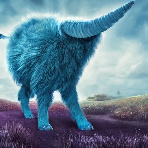 Prompt: an illustration of a giant blue six - legged beast, a pair of horns, fluffy fur, walking across a peaceful fantasy meadow, digital art concept art