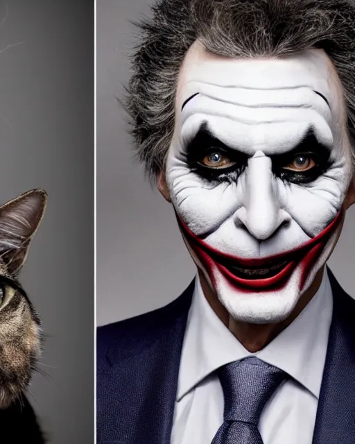 Prompt: Mauricio Macri in Elaborate Cat Makeup and prosthetics designed by Rick Baker, Hyperreal, Head Shots Photographed in the Style of Annie Leibovitz, Studio Lighting, Mauricio Macri as the Joker